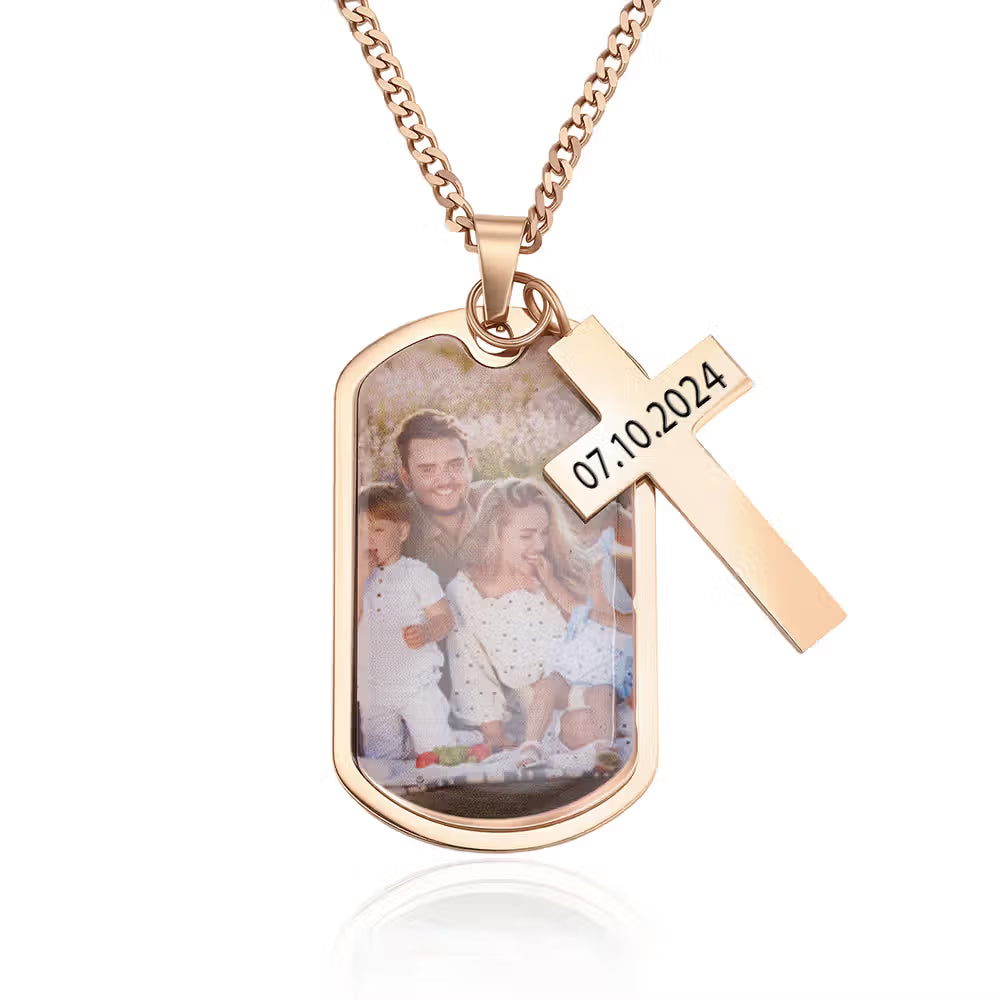 Personalized Photo Dog Tag Necklace with Cross Pendant