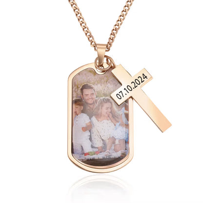 Personalized Photo Dog Tag Necklace with Cross Pendant