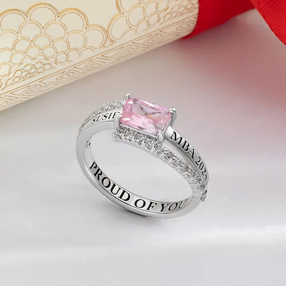 Personalized Square Birthstone Graduation Ring