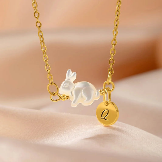 Mother of Pearl Bunny Necklace with Initial Charm