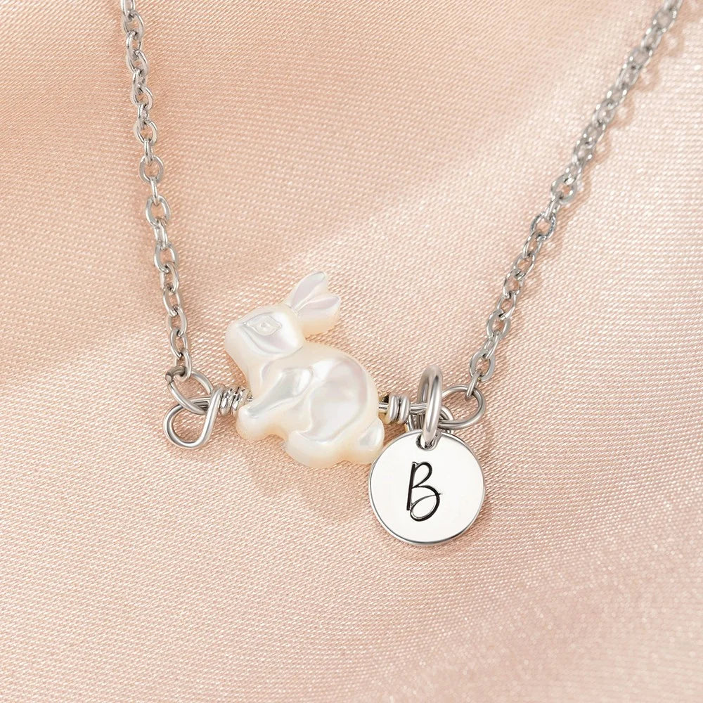 Mother of Pearl Bunny Necklace with Initial Charm