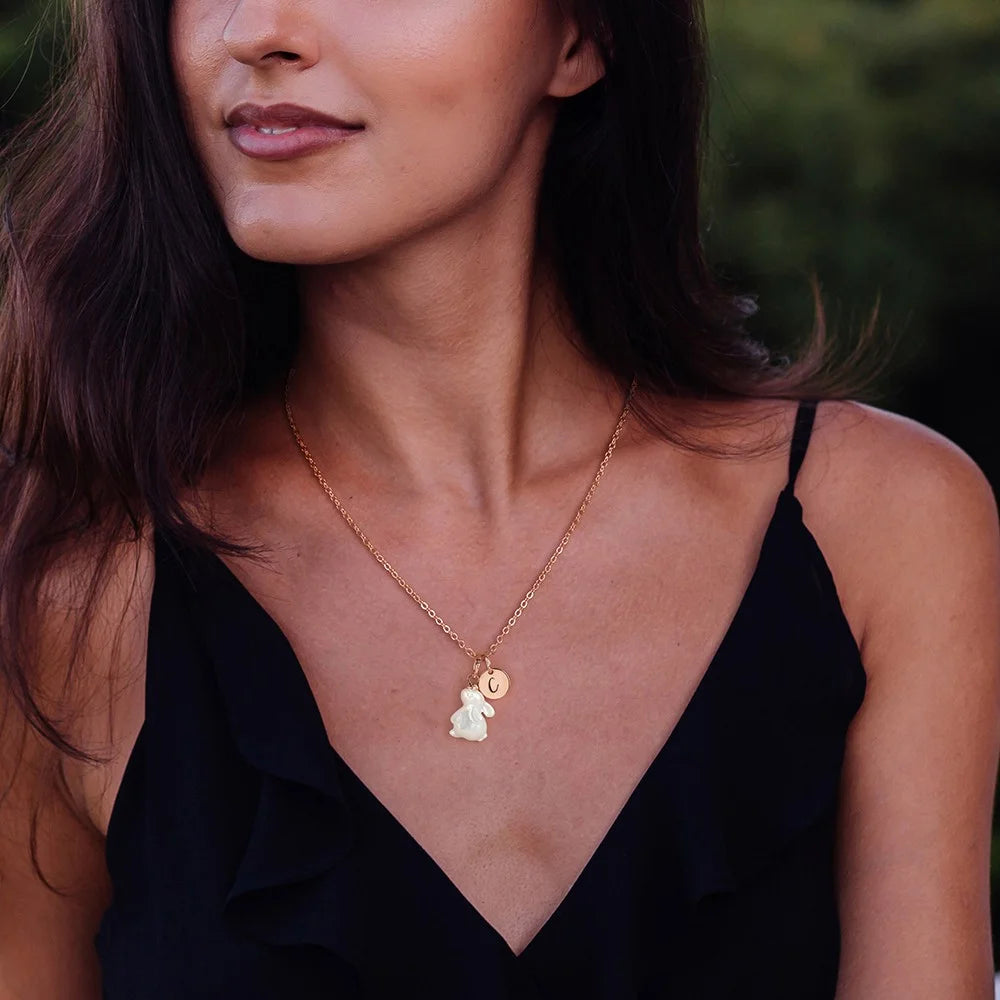 Mother of Pearl Bunny Necklace with Initial Charm