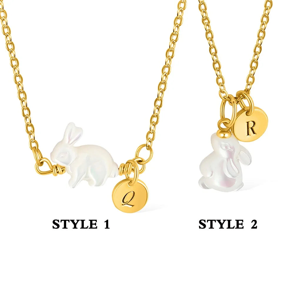 Mother of Pearl Bunny Necklace with Initial Charm