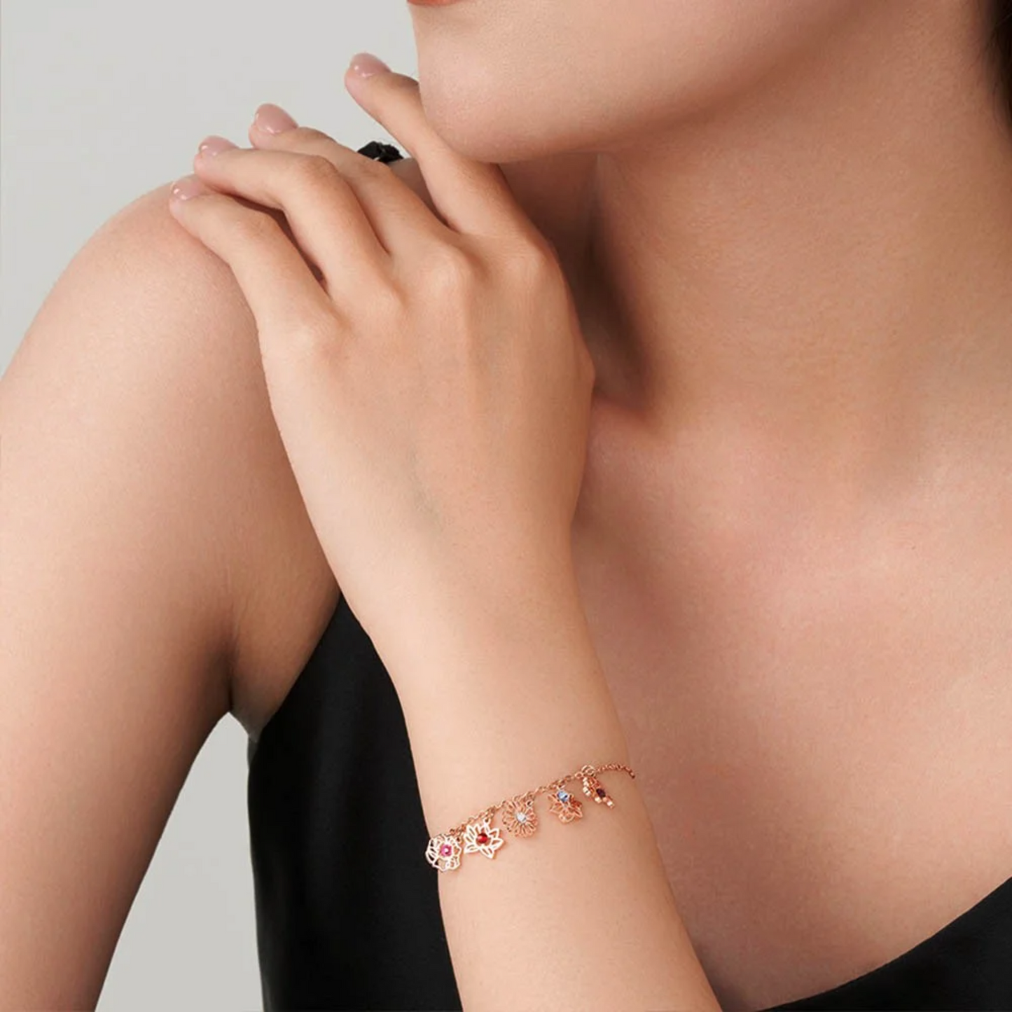 Birth Flower Charms Bracelet with Birthstones