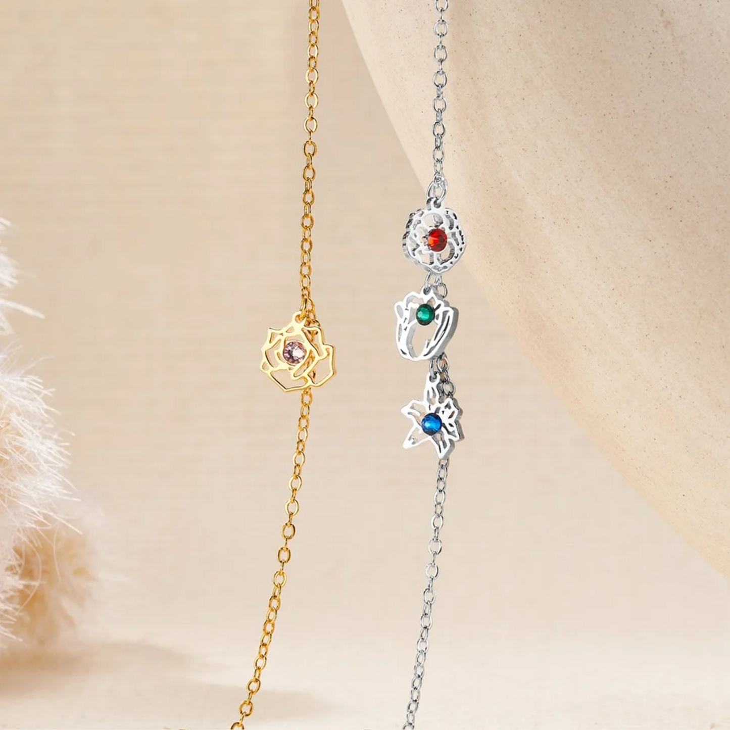 Birth Flower Charms Bracelet with Birthstones