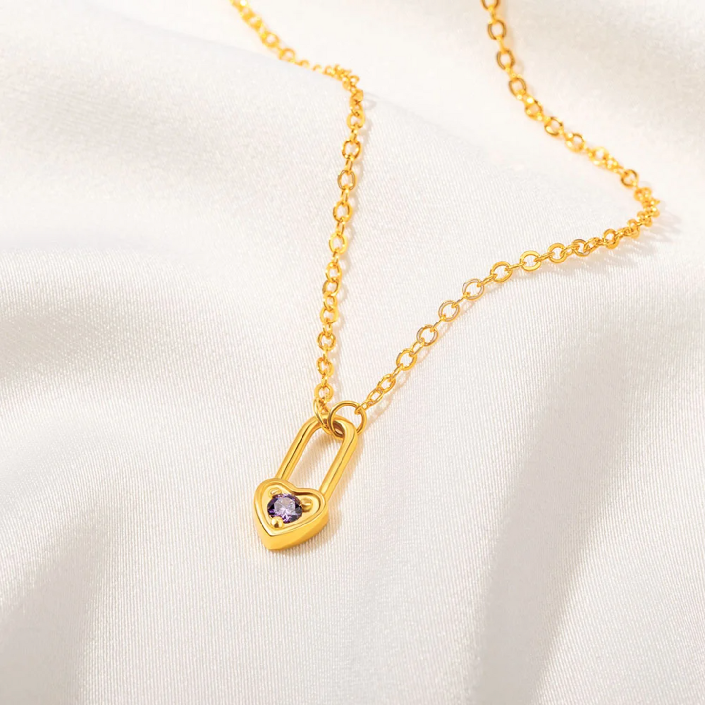 Tiny Heart Birthstone Lock Necklace