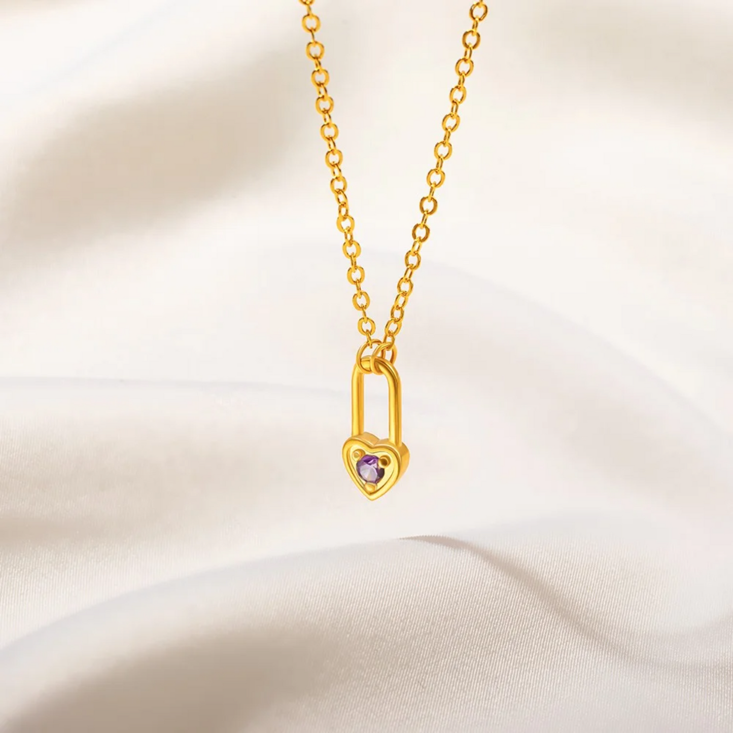 Tiny Heart Birthstone Lock Necklace