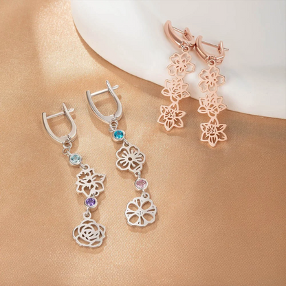 Personalized Birth Flower Dangle Earrings with Birthstone
