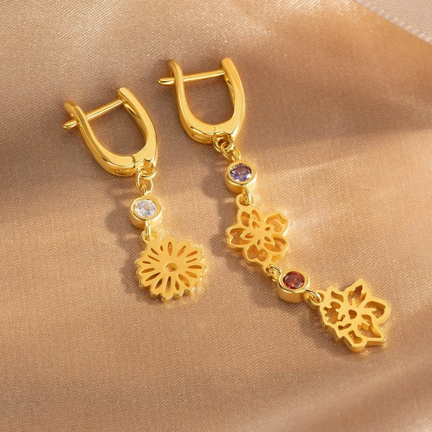 Personalized Birth Flower Dangle Earrings with Birthstone