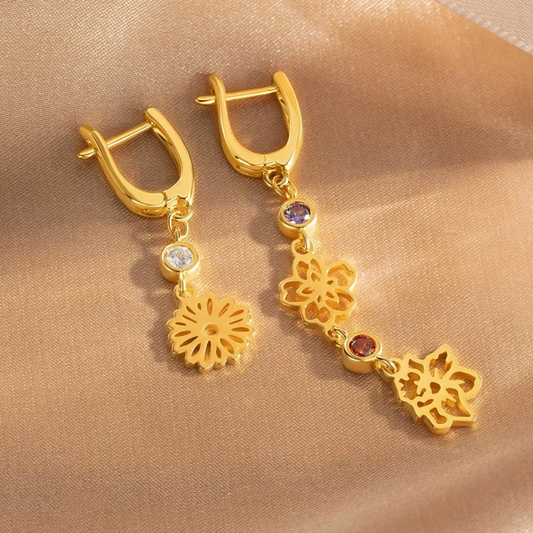 Personalized Birth Flower Dangle Earrings with Birthstone