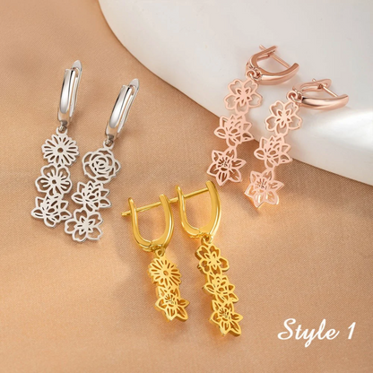 Personalized Birth Flower Dangle Earrings with Birthstone
