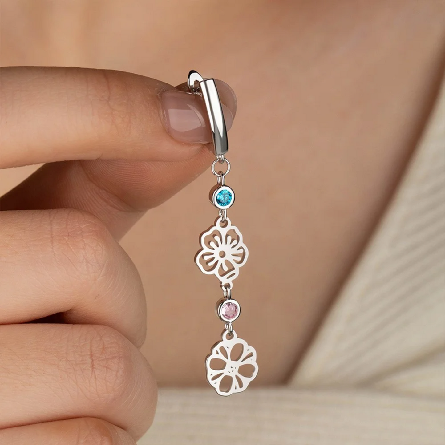 Personalized Birth Flower Dangle Earrings with Birthstone