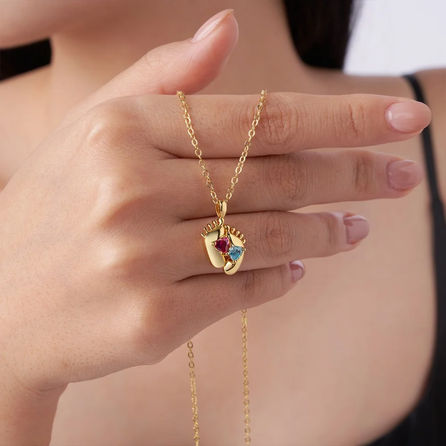 Double Heart Birthstone Baby Feet Necklace
