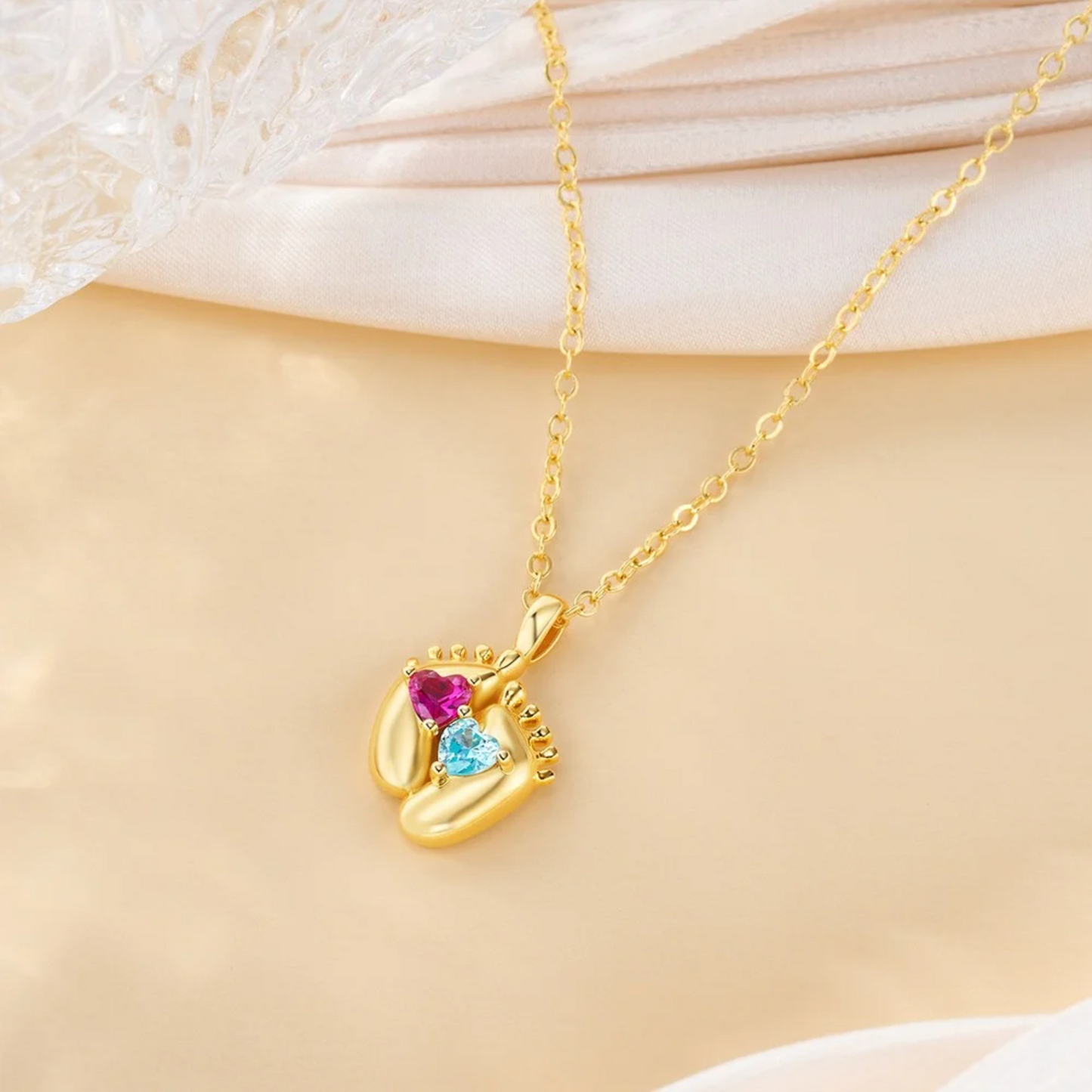 Double Heart Birthstone Baby Feet Necklace