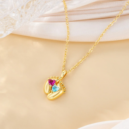 Double Heart Birthstone Baby Feet Necklace