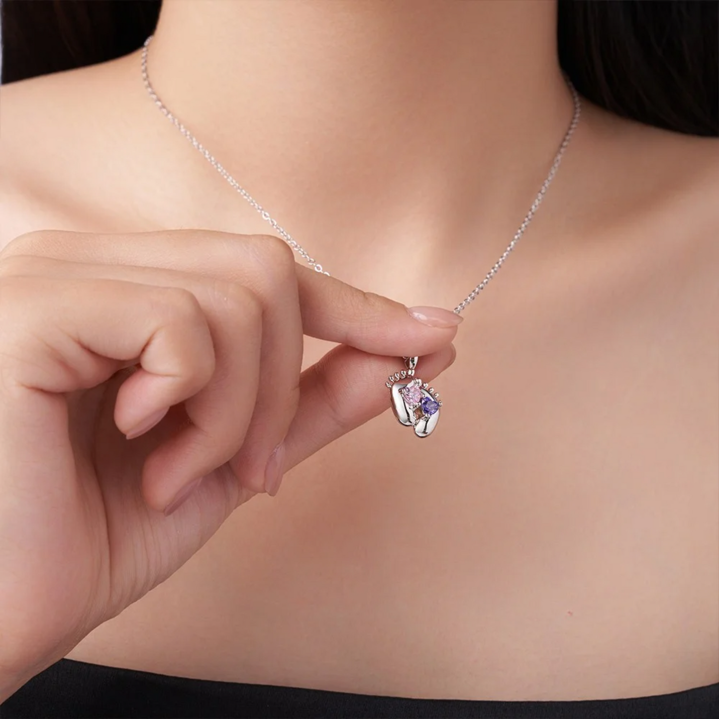 Double Heart Birthstone Baby Feet Necklace