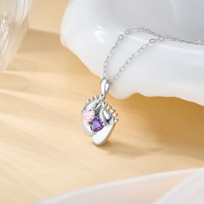 Double Heart Birthstone Baby Feet Necklace