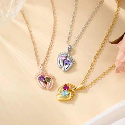 Double Heart Birthstone Baby Feet Necklace