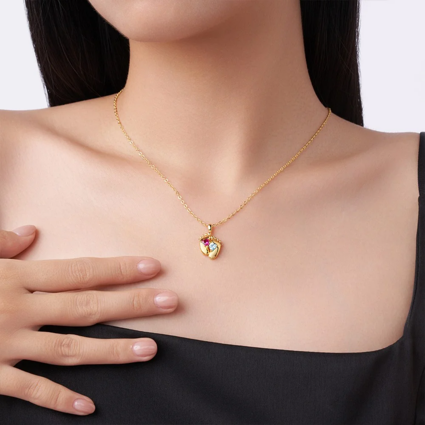 Double Heart Birthstone Baby Feet Necklace