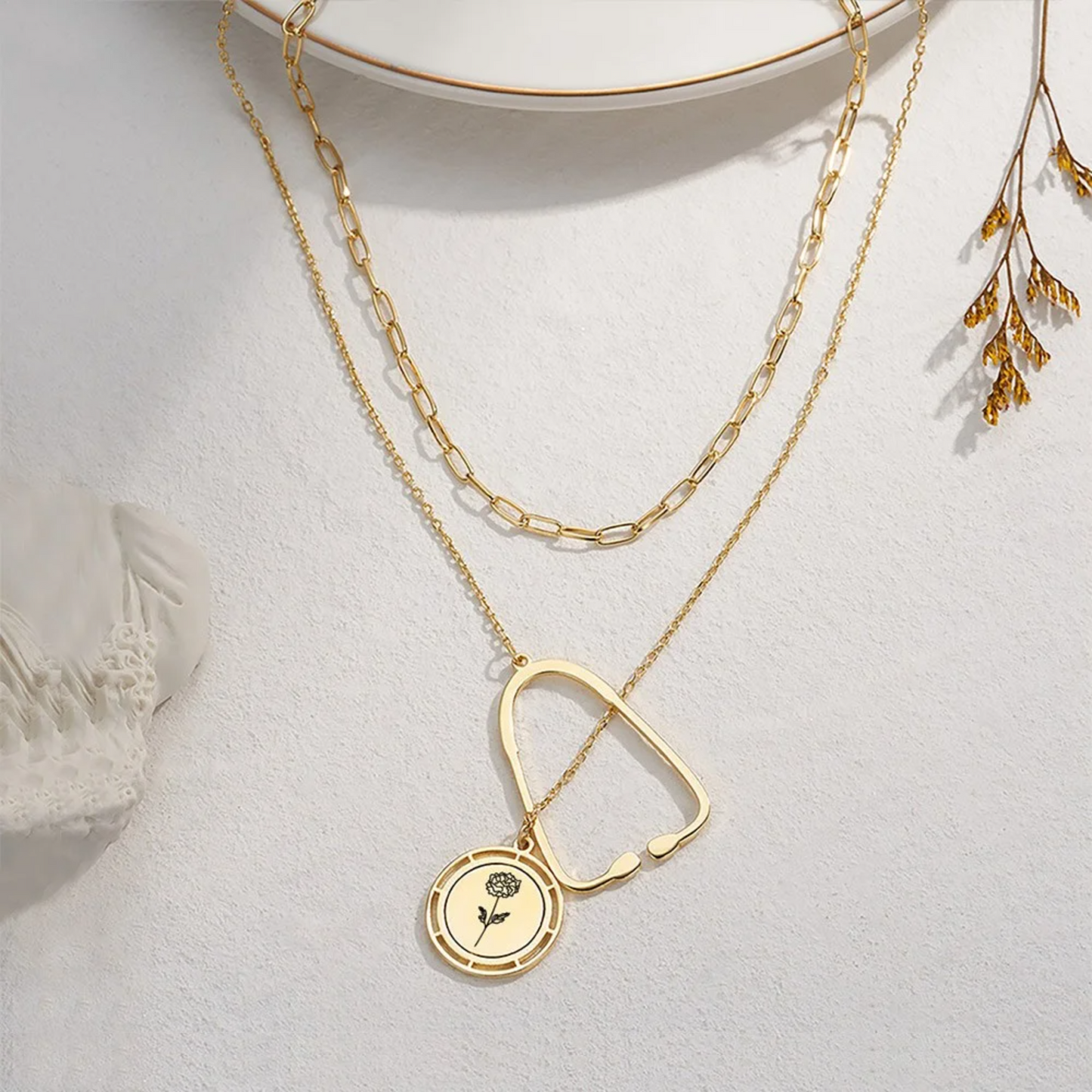 Personalized Birth Flower Stethoscope Necklace