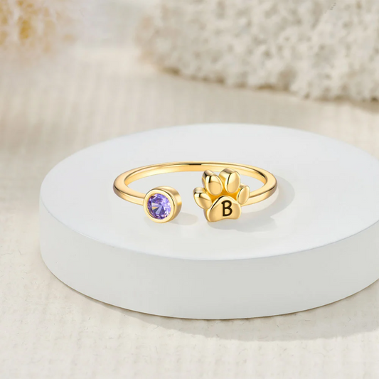 Custom Initial Adjustable Tiny Paw Ring with Birthstone