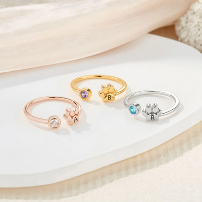 Custom Initial Adjustable Tiny Paw Ring with Birthstone