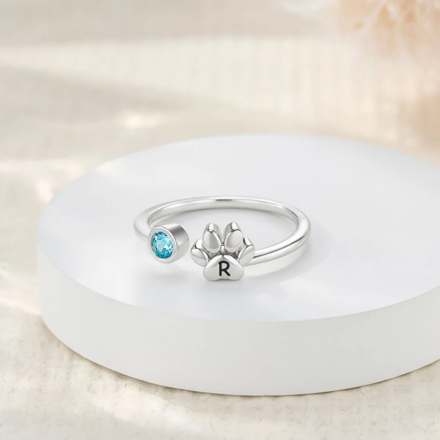Custom Initial Adjustable Tiny Paw Ring with Birthstone