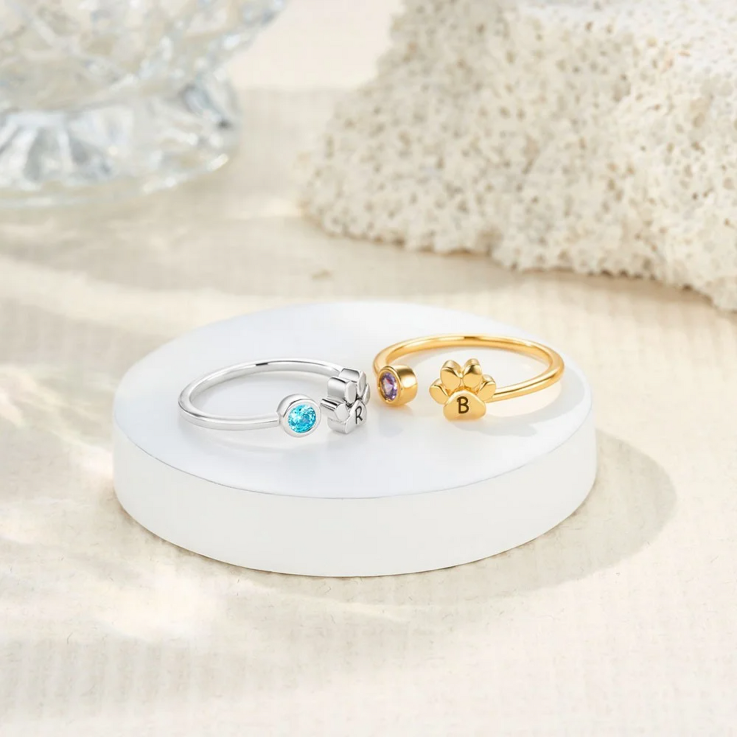 Custom Initial Adjustable Tiny Paw Ring with Birthstone