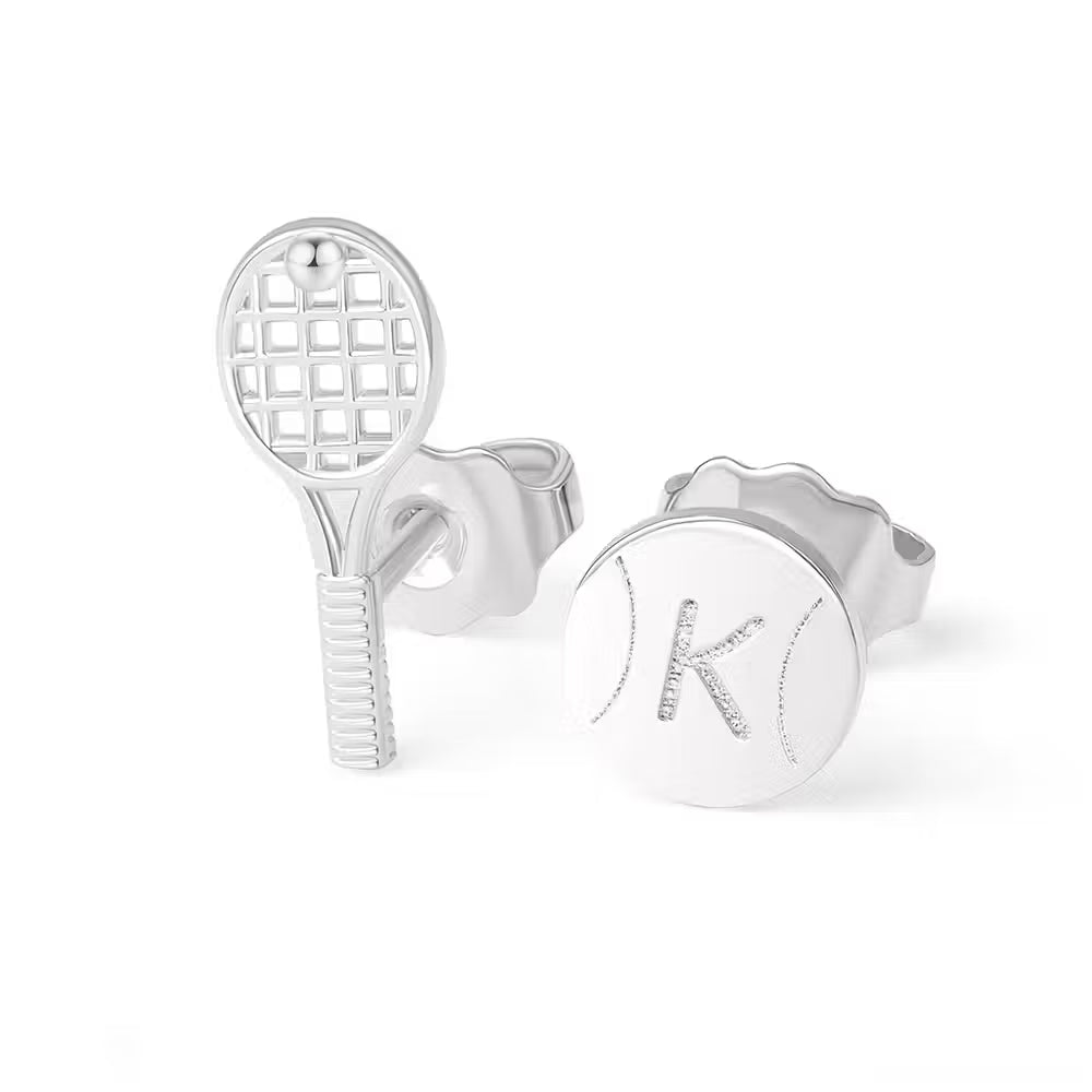 Custom Tiny Tennis Ball & Racket Stud Earrings with Engraved Initial