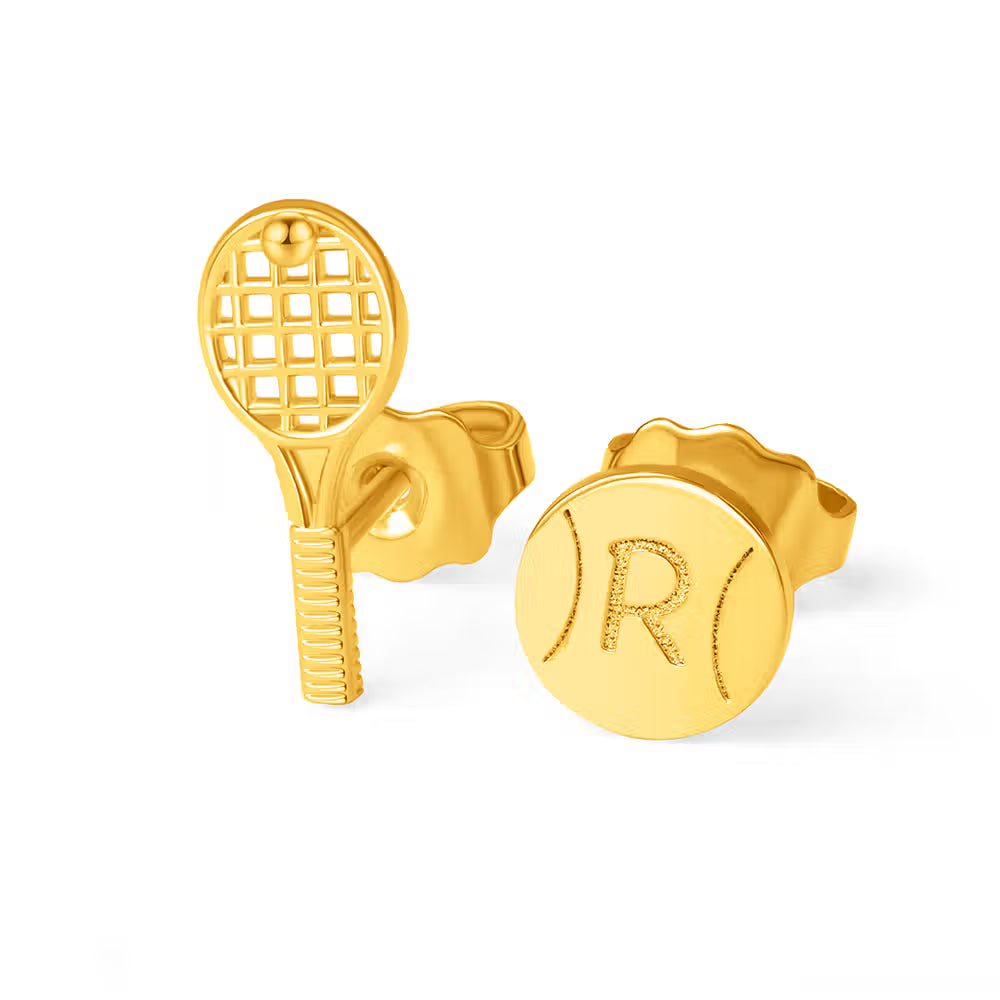 Custom Tiny Tennis Ball & Racket Stud Earrings with Engraved Initial