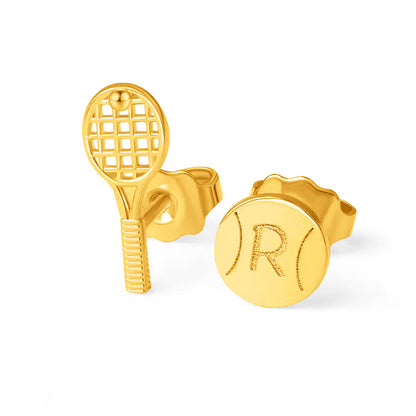 Custom Tiny Tennis Ball & Racket Stud Earrings with Engraved Initial