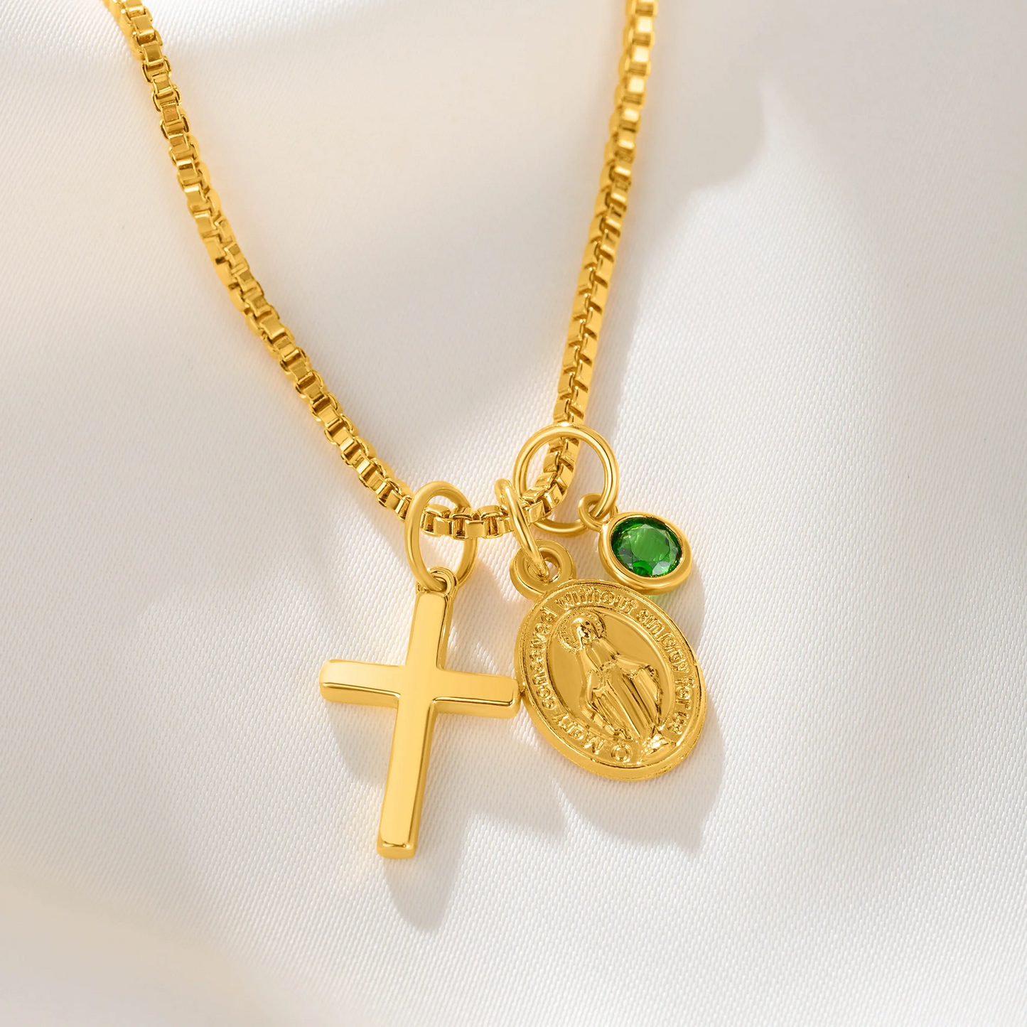 Cross Virgin Mary Medal Necklace with Birthstone