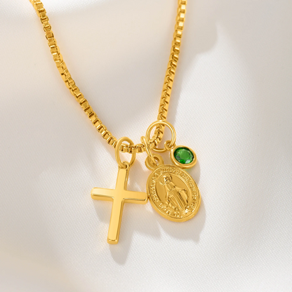 Cross Virgin Mary Medal Necklace with Birthstone