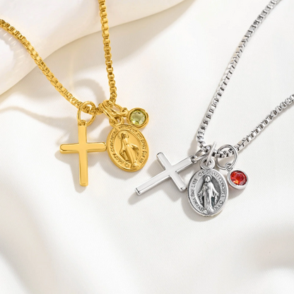 Cross Virgin Mary Medal Necklace with Birthstone