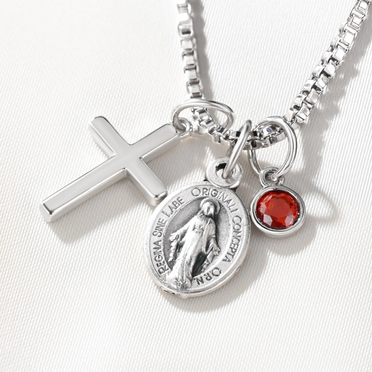 Cross Virgin Mary Medal Necklace with Birthstone