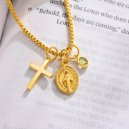 Cross Virgin Mary Medal Necklace with Birthstone