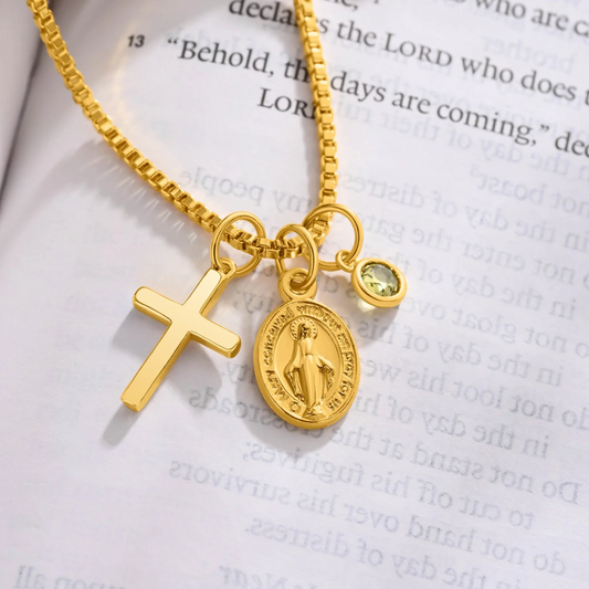 Cross Virgin Mary Medal Necklace with Birthstone