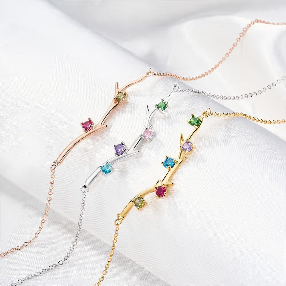 Personalized 1-6 Birthstones Family Tree Branch Necklace