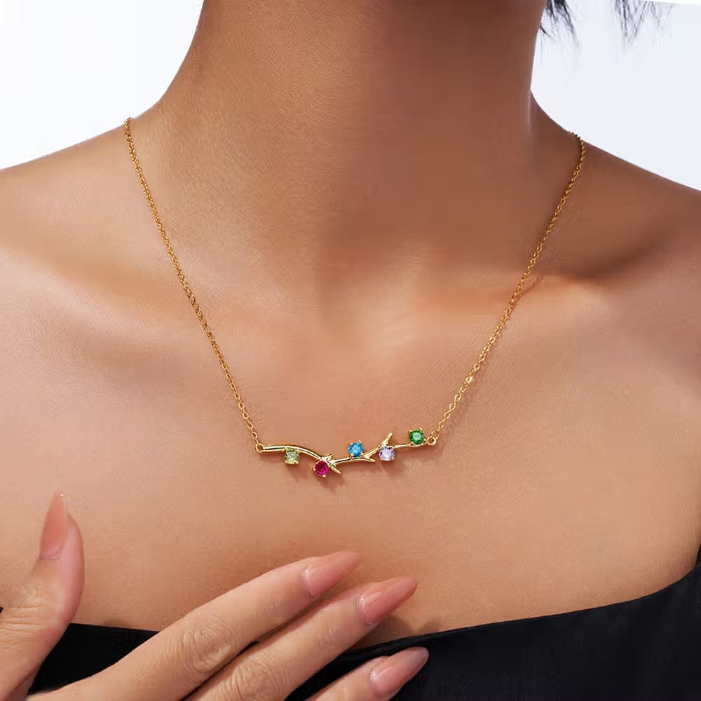 Personalized 1-6 Birthstones Family Tree Branch Necklace