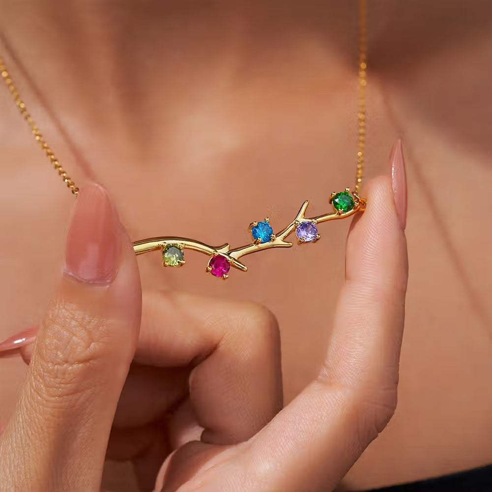 Personalized 1-6 Birthstones Family Tree Branch Necklace