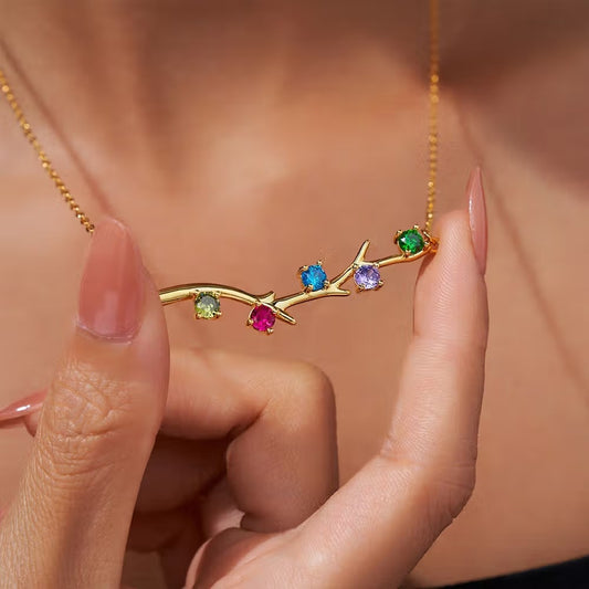 Personalized 1-6 Birthstones Family Tree Branch Necklace