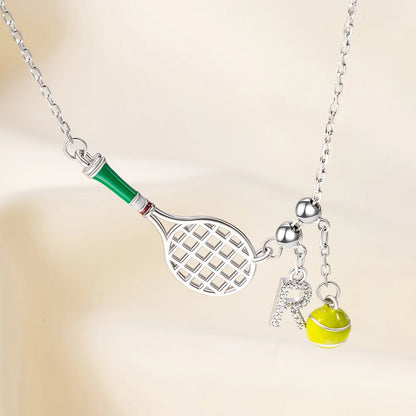 Custom Tennis Racket Necklace with Initial & Ball Charm