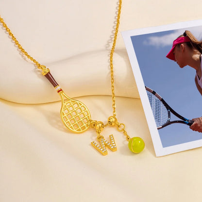 Custom Tennis Racket Necklace with Initial & Ball Charm