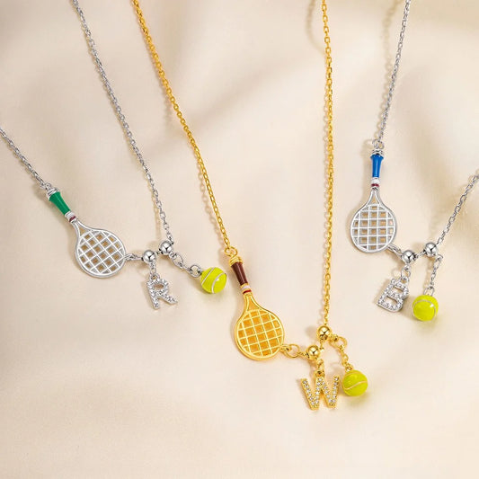 Custom Tennis Racket Necklace with Initial & Ball Charm