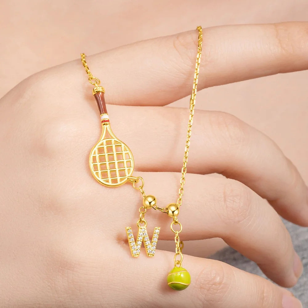 Custom Tennis Racket Necklace with Initial & Ball Charm