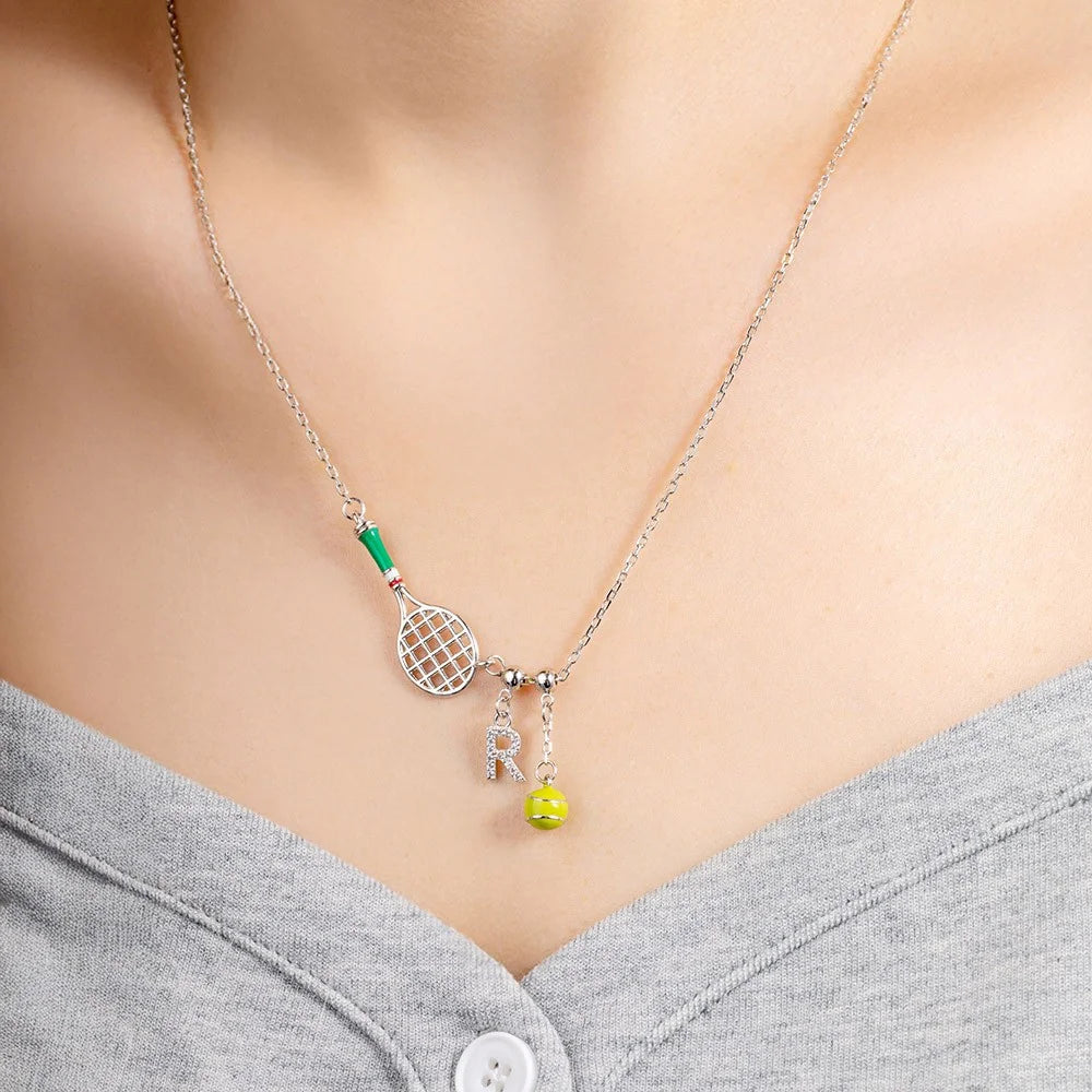 Custom Tennis Racket Necklace with Initial & Ball Charm