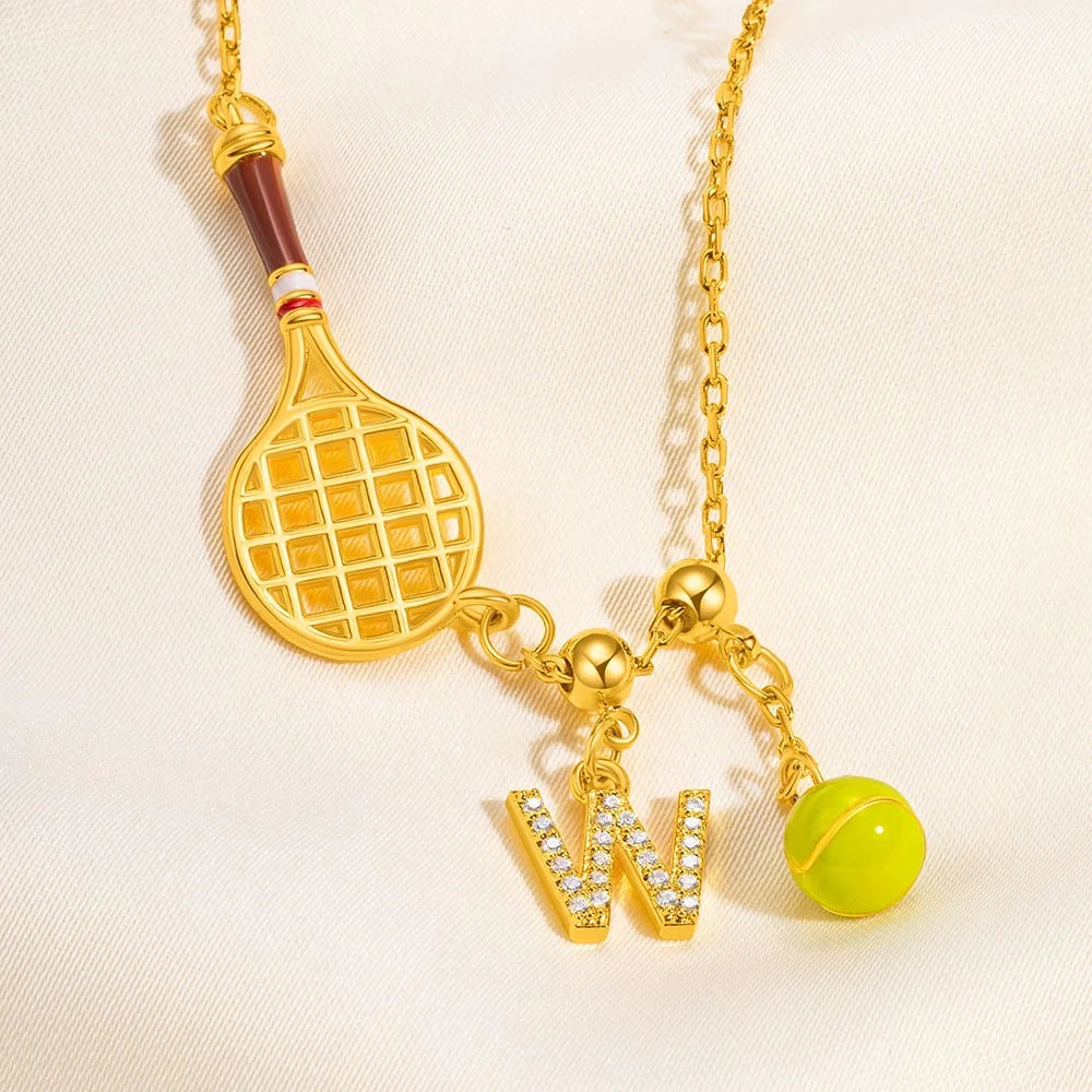 Custom Tennis Racket Necklace with Initial & Ball Charm