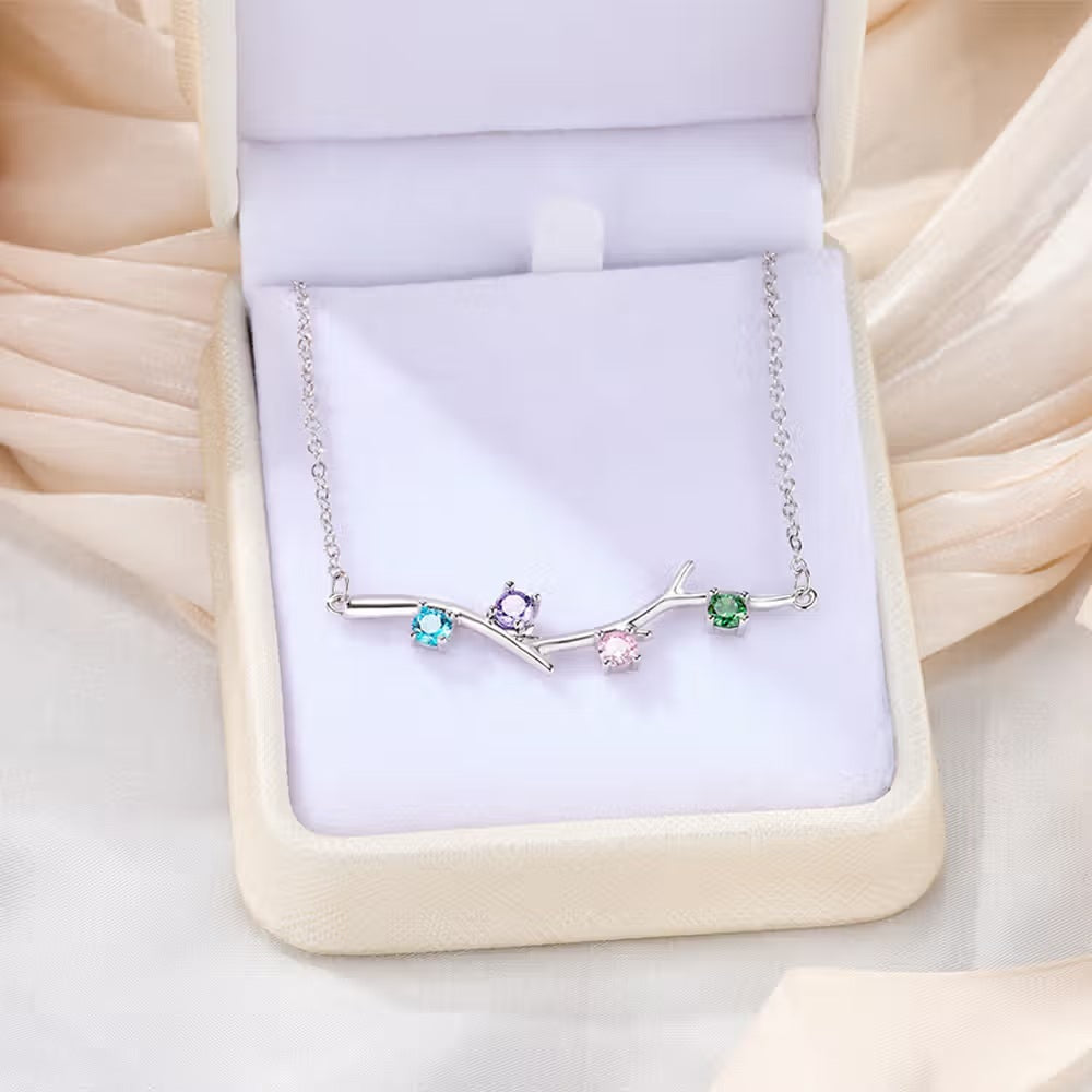 Personalized 1-6 Birthstones Family Tree Branch Necklace