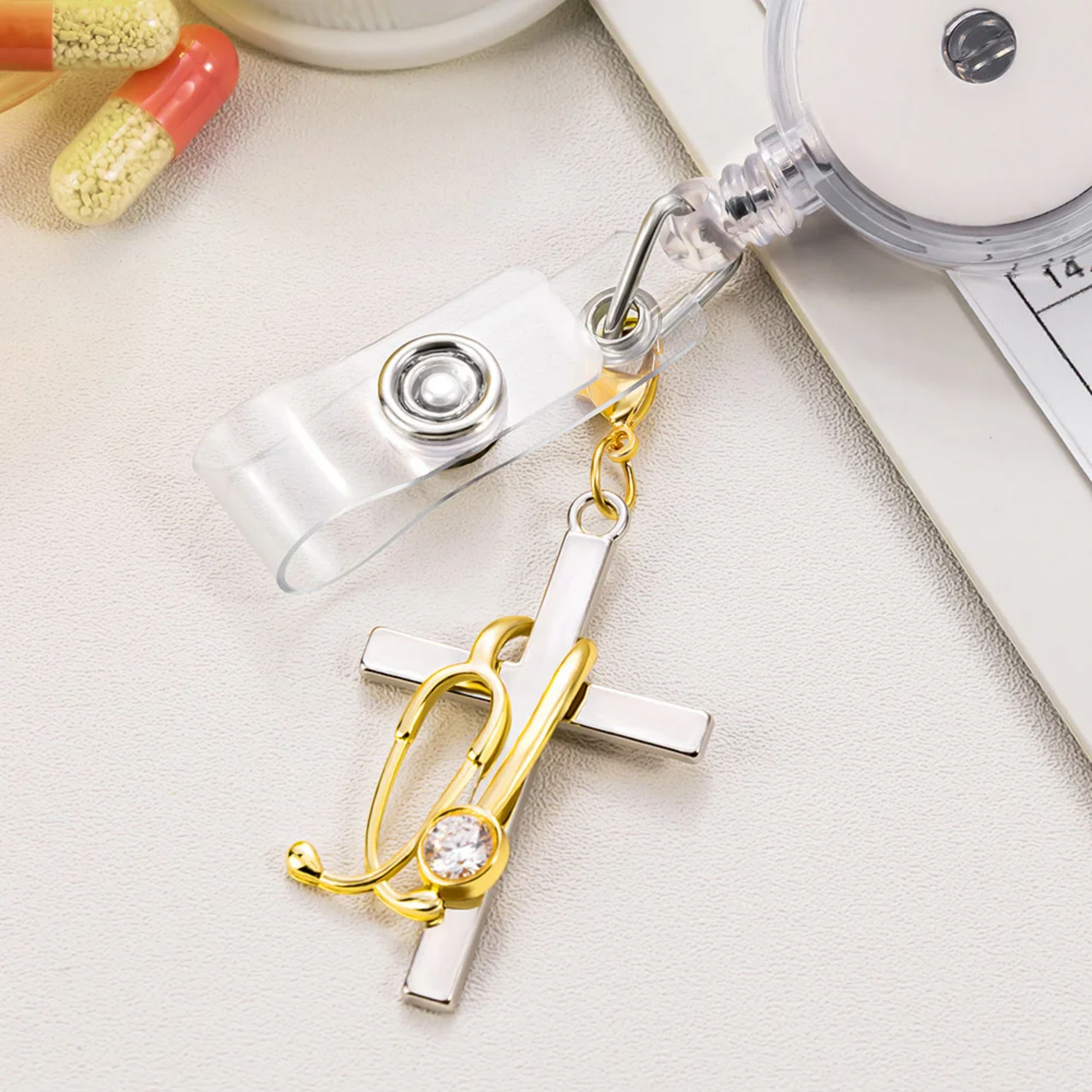 Birthstone Stethoscope Cross Charm for ID Badge Reel