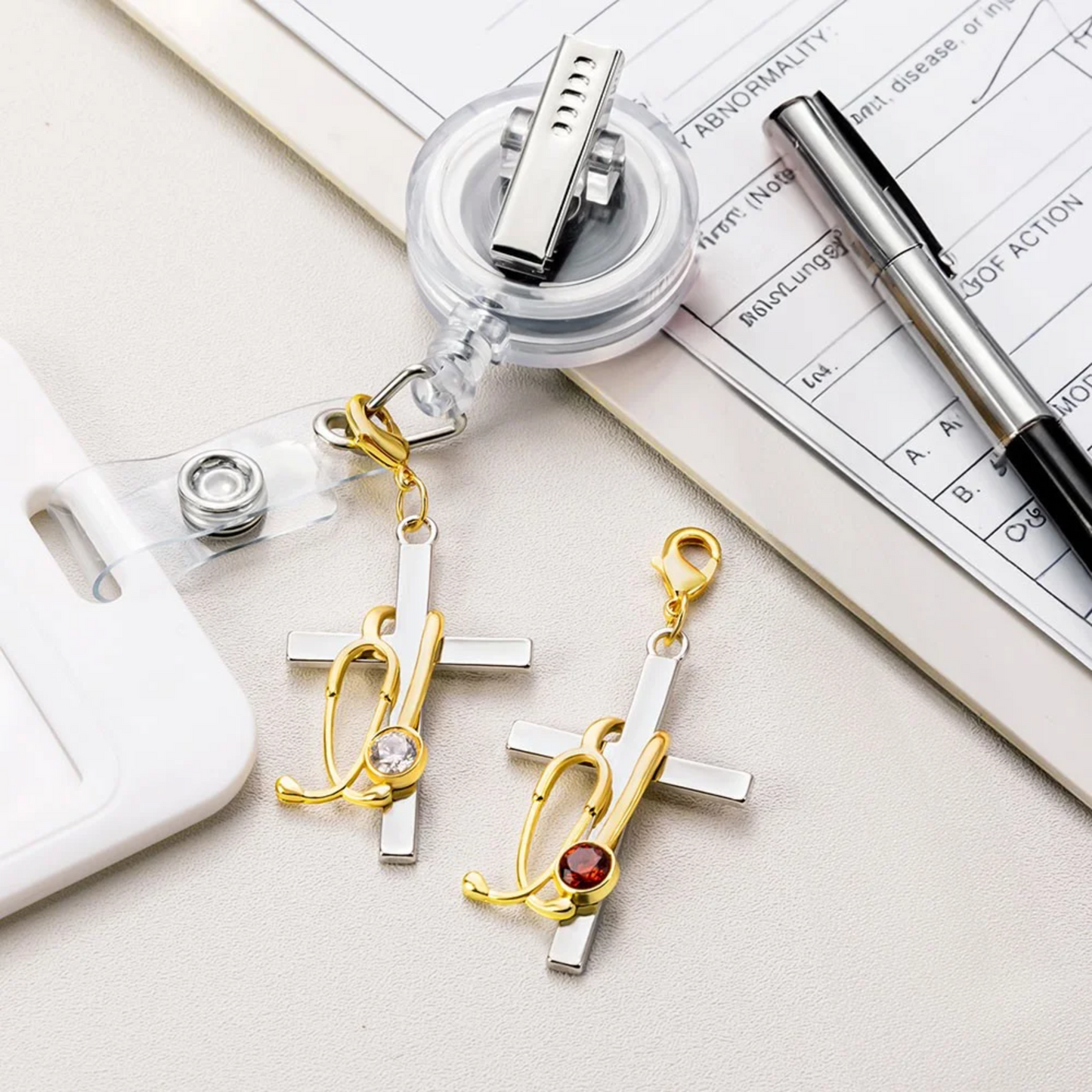 Birthstone Stethoscope Cross Charm for ID Badge Reel